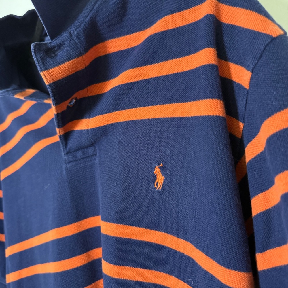 Polo Ralph Lauren Mens XL Polo Shirt Navy Blue‎ Orange Striped Short Sleeve Golf - Picture 6 of 13